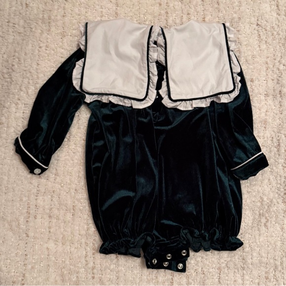 Green Velvet Baby Romper with Embroidered Bib - Picture 2 of 2